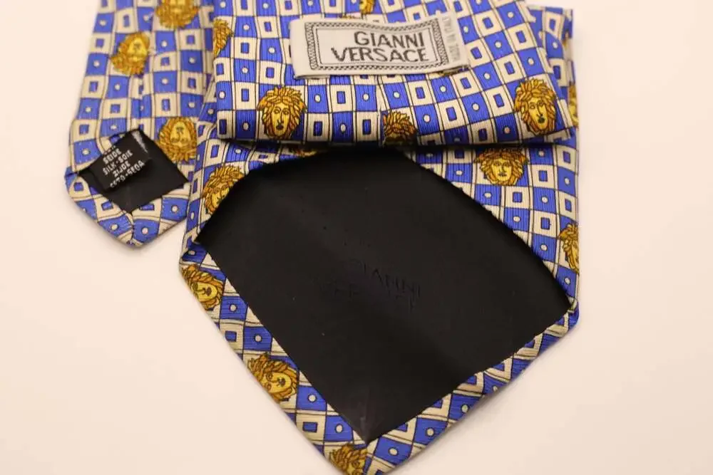 Gianni Versace Blue and Gold Medusa Head Geometric Silk Necktie